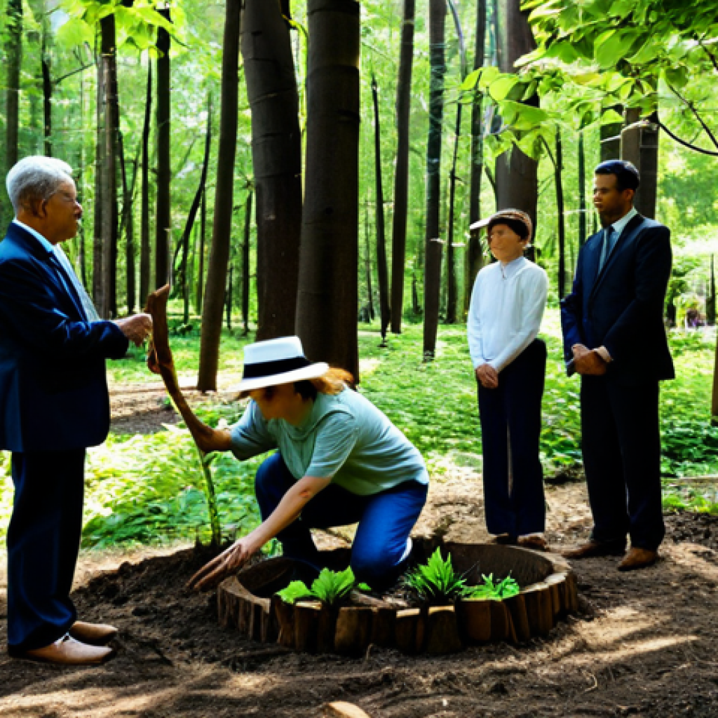 A diverse group of individuals, fully clothed in modest, appropriate attire, gathered respectfully in a serene, lush memorial forest. They are participating in a tree-planting ceremony, symbolizing a living memorial, with expressions of tranquility and remembrance. Dappled sunlight filters through the trees, creating a peaceful atmosphere. A small, elegant wooden plaque is visible near the newly planted sapling. Professional photography, realistic, high detail, natural lighting, perfect anatomy, correct proportions, natural pose, well-formed hands, proper finger count, natural body proportions, safe for work, appropriate content, fully clothed, family-friendly.