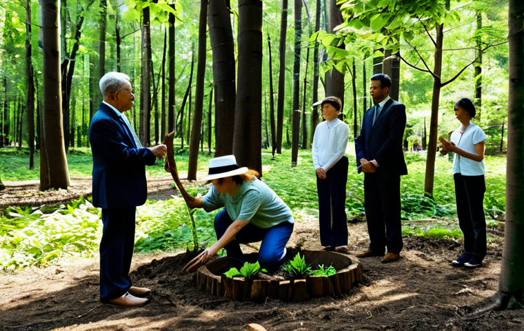 A diverse group of individuals, fully clothed in modest, appropriate attire, gathered respectfully in a serene, lush memorial forest. They are participating in a tree-planting ceremony, symbolizing a living memorial, with expressions of tranquility and remembrance. Dappled sunlight filters through the trees, creating a peaceful atmosphere. A small, elegant wooden plaque is visible near the newly planted sapling. Professional photography, realistic, high detail, natural lighting, perfect anatomy, correct proportions, natural pose, well-formed hands, proper finger count, natural body proportions, safe for work, appropriate content, fully clothed, family-friendly.