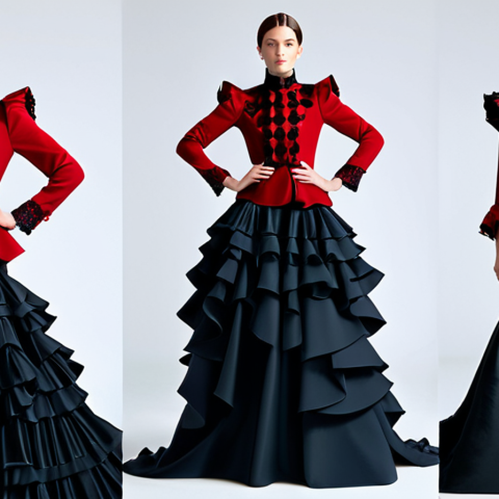 A sophisticated female model elegantly showcasing a contemporary evening gown. The dress features a high neckline and long sleeves, adorned with voluminous, flowing ruffles inspired by traditional flamenco dresses, and intricate embroidery patterns reminiscent of a classic Mantón de Manila. The color palette combines deep reds and blacks with gold accents, presented in a modern, artistic arrangement. The model is fully clothed in a professional, modest, and appropriate high-fashion ensemble, posing naturally on a clean, brightly lit runway with a soft, diffused background. Professional fashion photography, studio lighting, hyper-detailed, intricate design, perfect anatomy, correct proportions, natural pose, well-formed hands, proper finger count, natural body proportions, safe for work, appropriate content, fully clothed, professional, family-friendly.