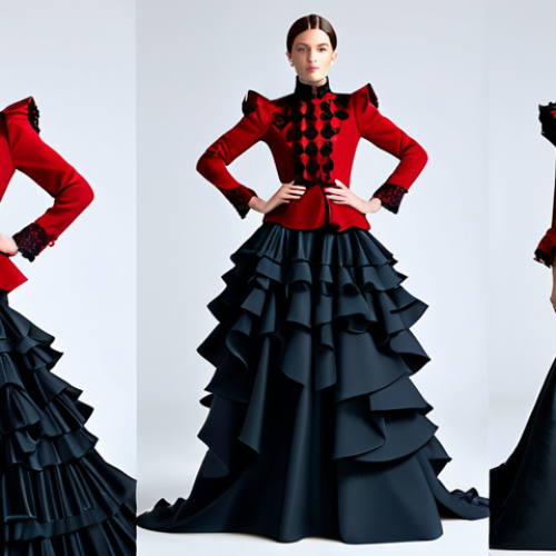 Home 8 A sophisticated female model elegantly showcasing a contemporary evening gown. The dress features a high neckline and long sleeves, adorned with voluminous, flowing ruffles inspired by traditional flamenco dresses, and intricate embroidery patterns reminiscent of a classic Mantón de Manila. The color palette combines deep reds and blacks with gold accents, presented in a modern, artistic arrangement. The model is fully clothed in a professional, modest, and appropriate high-fashion ensemble, posing naturally on a clean, brightly lit runway with a soft, diffused background. Professional fashion photography, studio lighting, hyper-detailed, intricate design, perfect anatomy, correct proportions, natural pose, well-formed hands, proper finger count, natural body proportions, safe for work, appropriate content, fully clothed, professional, family-friendly.