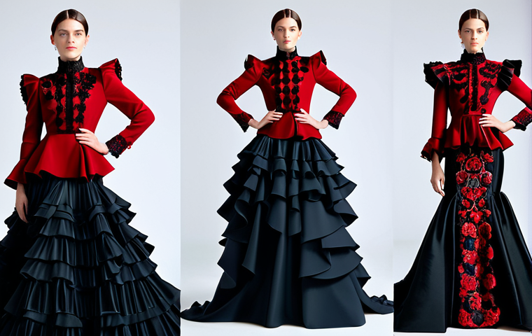 A sophisticated female model elegantly showcasing a contemporary evening gown. The dress features a high neckline and long sleeves, adorned with voluminous, flowing ruffles inspired by traditional flamenco dresses, and intricate embroidery patterns reminiscent of a classic Mantón de Manila. The color palette combines deep reds and blacks with gold accents, presented in a modern, artistic arrangement. The model is fully clothed in a professional, modest, and appropriate high-fashion ensemble, posing naturally on a clean, brightly lit runway with a soft, diffused background. Professional fashion photography, studio lighting, hyper-detailed, intricate design, perfect anatomy, correct proportions, natural pose, well-formed hands, proper finger count, natural body proportions, safe for work, appropriate content, fully clothed, professional, family-friendly.