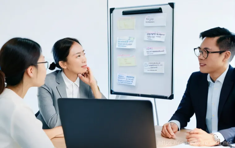 국가별 직장 문화와 차이점 - **Prompt: Cross-Cultural Communication in a Modern Office Meeting**
    A diverse group of five prof...