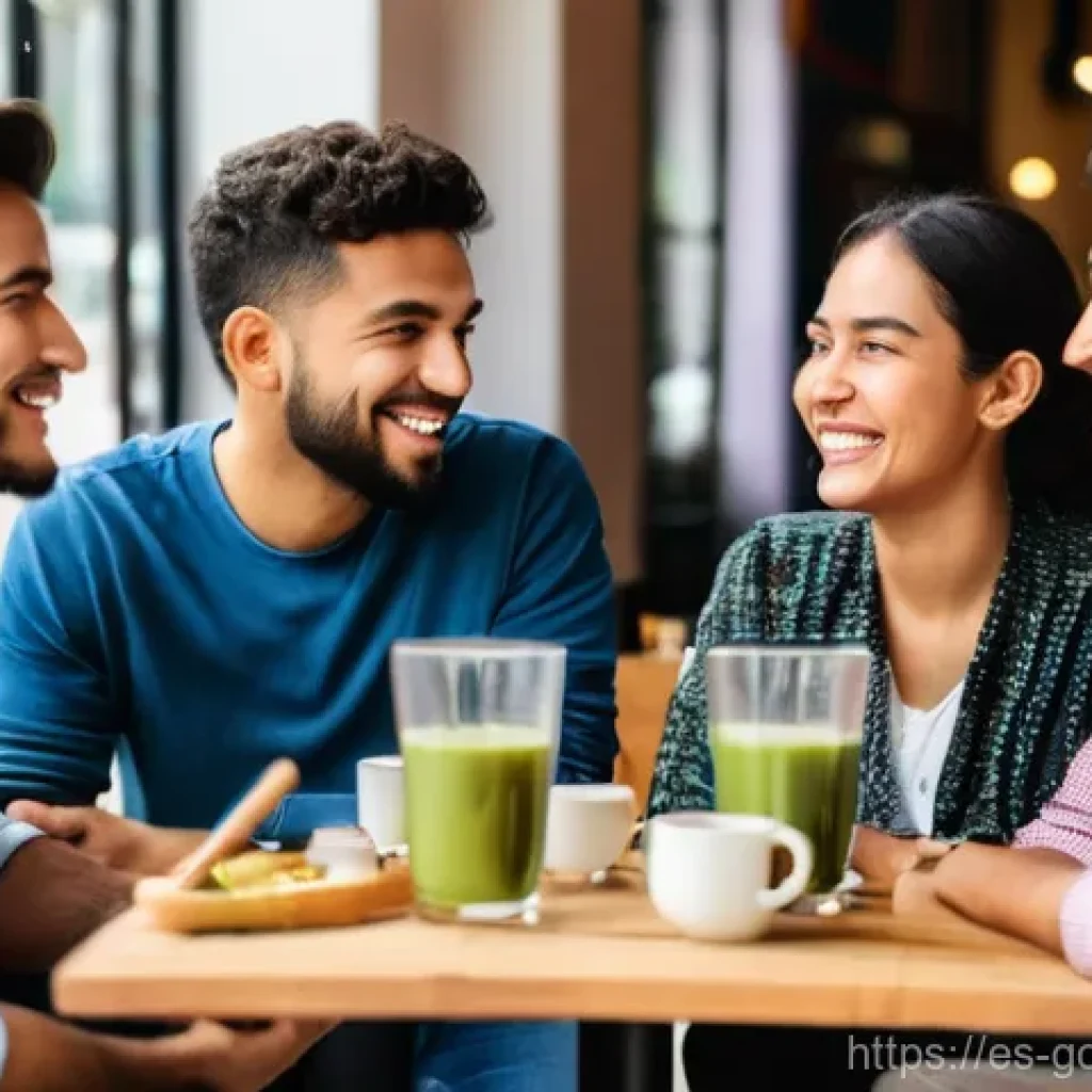 미디어에서의 문화적 표현 - **A Vibrant Celebration of Linguistic Diversity in a Modern Cafe:** A diverse group of young adults,...