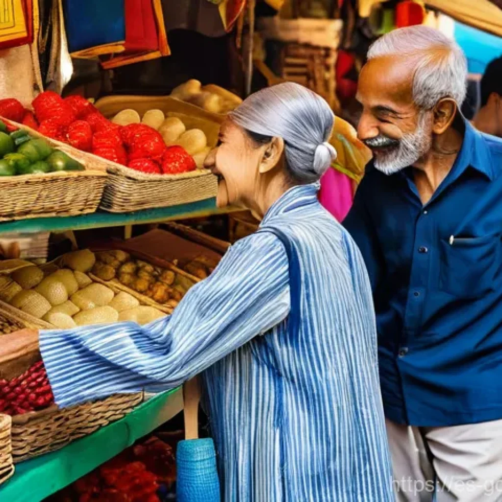 해외 여행 시 문화 충돌 사례 - Cultural Greeting Contrasts in a Vibrant Market**

A lively, sunlit outdoor market scene. In the for...