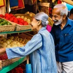 해외 여행 시 문화 충돌 사례 - Cultural Greeting Contrasts in a Vibrant Market**

A lively, sunlit outdoor market scene. In the for...