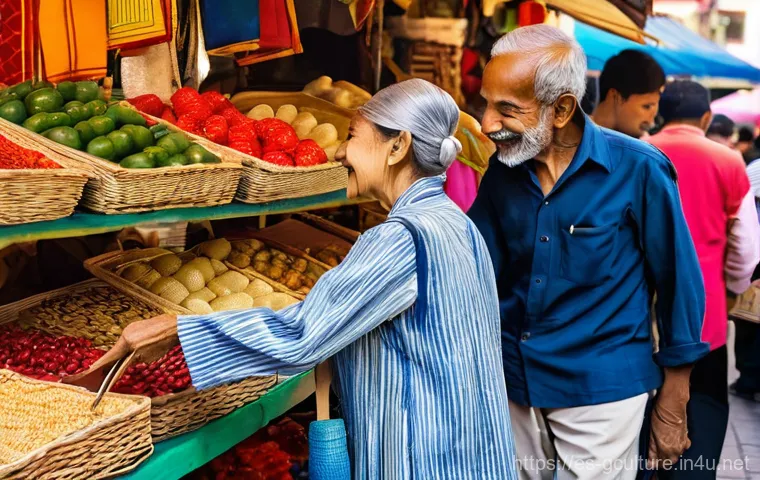해외 여행 시 문화 충돌 사례 - Cultural Greeting Contrasts in a Vibrant Market**

A lively, sunlit outdoor market scene. In the for...