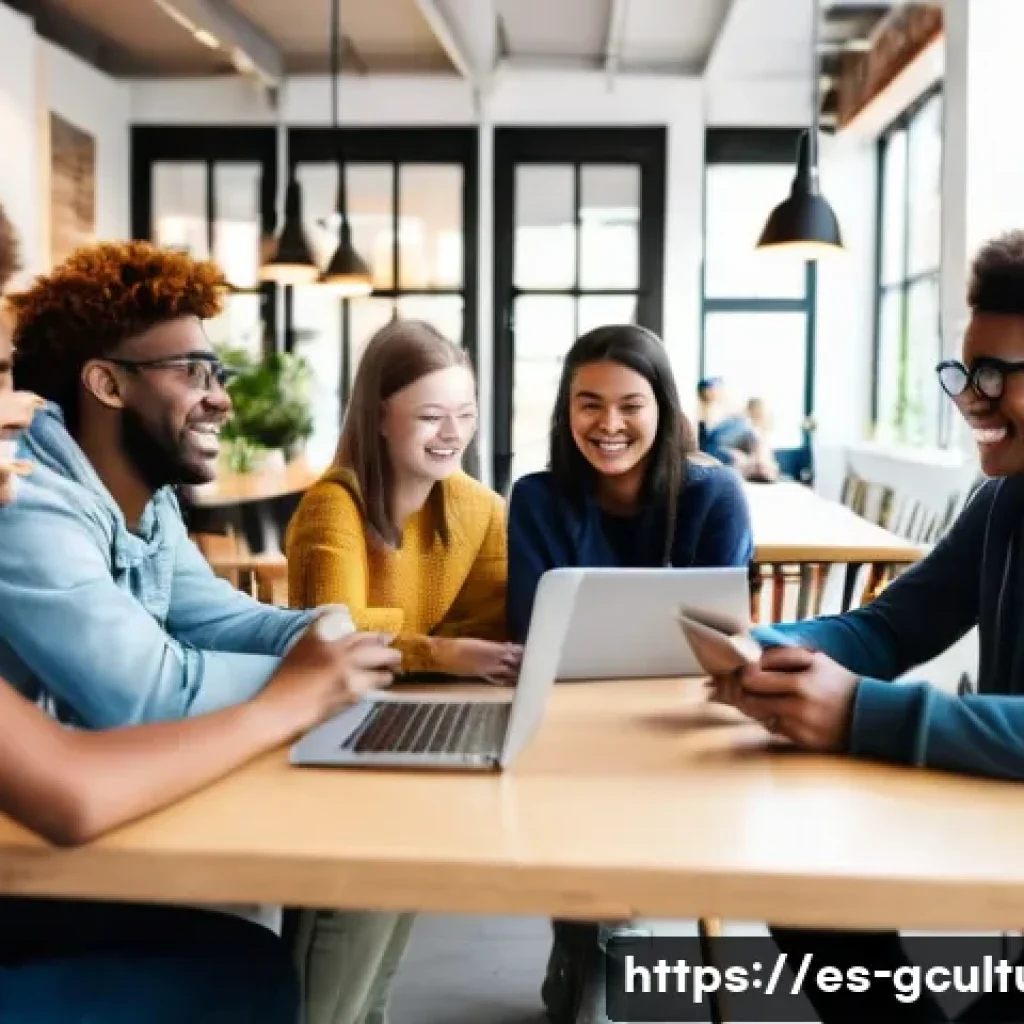 인터넷과 글로벌 커뮤니티 - **Prompt:** A diverse group of young adults and teenagers, aged 15 and up, are gathered in a bright,...