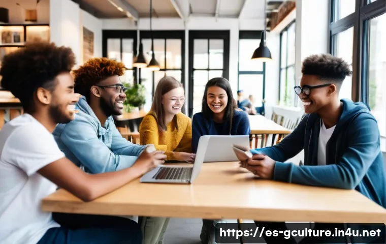 인터넷과 글로벌 커뮤니티 - **Prompt:** A diverse group of young adults and teenagers, aged 15 and up, are gathered in a bright,...