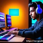 K POP과 세계 음악 시장 - A vibrant digital music studio scene showcasing a young Latin American music producer wearing casual...
