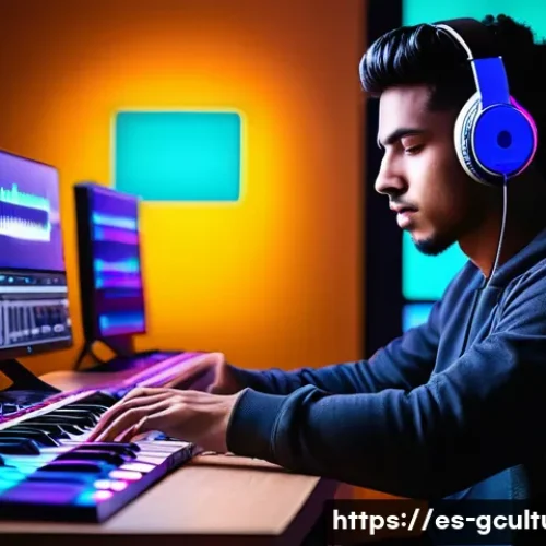 K POP과 세계 음악 시장 - A vibrant digital music studio scene showcasing a young Latin American music producer wearing casual...