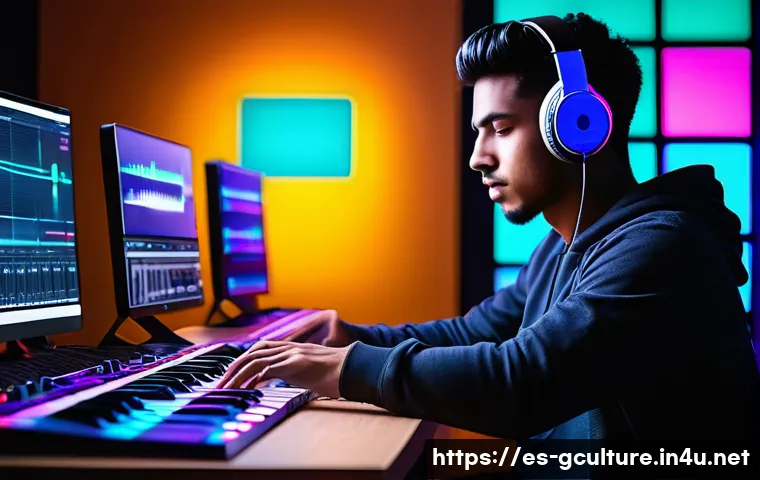 K POP과 세계 음악 시장 - A vibrant digital music studio scene showcasing a young Latin American music producer wearing casual...