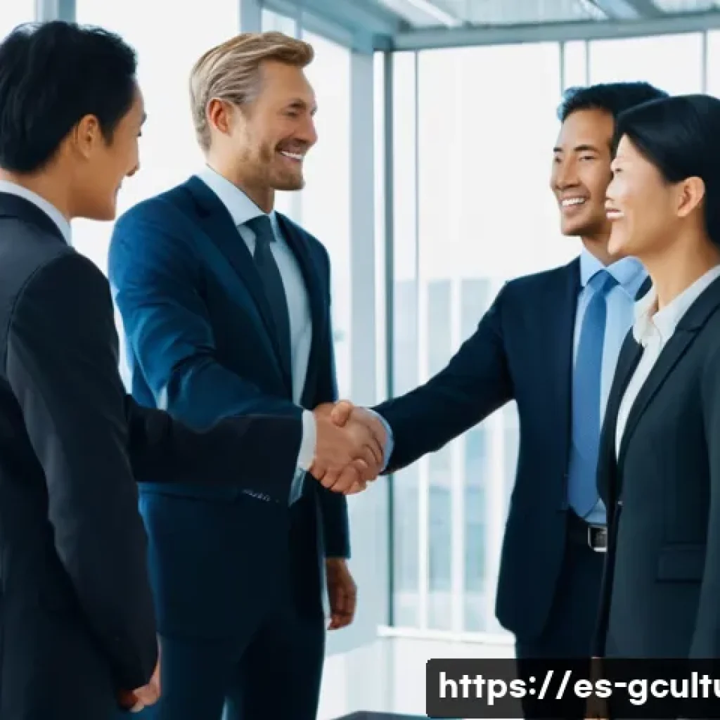 세계 각국의 인사법 - A diverse group of business professionals in a modern office setting exchanging formal handshakes wi...