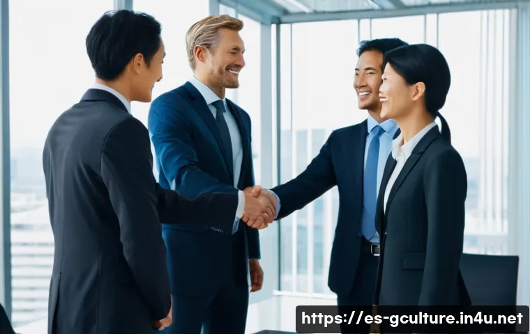 세계 각국의 인사법 - A diverse group of business professionals in a modern office setting exchanging formal handshakes wi...