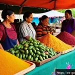다국적 브랜드와 로컬 브랜드 - A vibrant Latin American open-air market scene showcasing a diverse group of local artisans and farm...