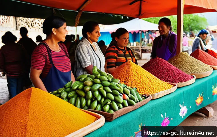 다국적 브랜드와 로컬 브랜드 - A vibrant Latin American open-air market scene showcasing a diverse group of local artisans and farm...