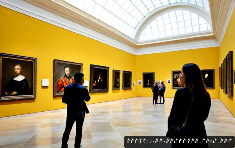 세계적인 박물관과 전시회 - Photorealistic grand museum gallery in Madrid, Spain, diverse Spanish-speaking visitors quietly view...